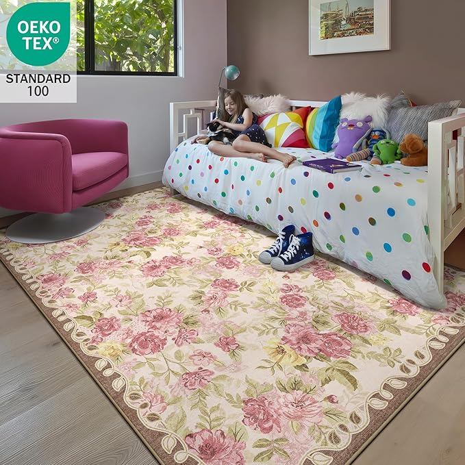 5x8 Machine Washable Area Rug for Living Room, Pink Vintage Boho Floral Rug Large Non-Slip Low Pile Soft Faux Wool Carpet, Kids and Pets Friendly for Bedroom Dining Room Farmhouse Home Decor Rug