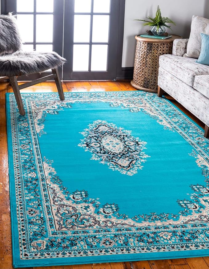 Unique Loom Reza Collection Traditional Persian Style Area Rug, 9 ft 10 in x 13 ft, Turquoise/Ivory