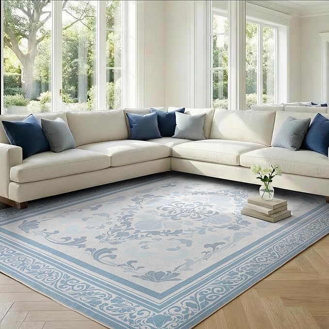 SOULFUL Medium Pile 2x3 Entryway Rug - Soft Foot Feel Small Area Rug - Mist Blue Boho Floral - Washable Non-Slip - Perfect for Hallway Kitchen Bedroom Bathroom Indoor Entrance