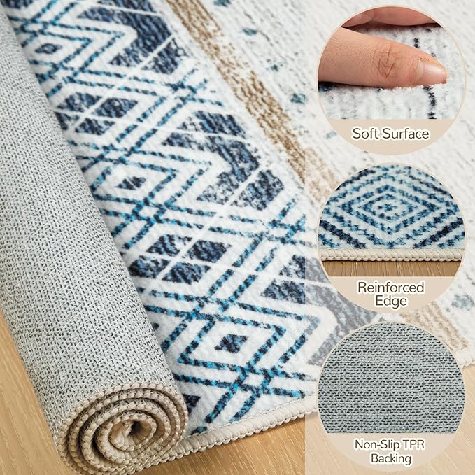 BESTSWEETIE 2x8 Area Rugs for Living Room Washable Moroccan Farmhouse Neutral Geometric Low Pile Non-Slip Soft Print Pattern Rug for Bedroom Kitchen Dining Room Entryway Blue/Brown