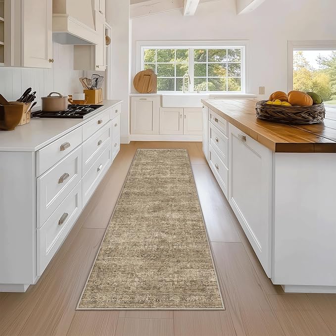 FMFUNCTEX 2x8 Runner Rug Brown Washable Vintage Neutral Distressed Oriental Non Slip Low Pile Indoor Carpet Retro Hallway Entryway Rug for Kitchen Living Room Bedroom Bathroom Laundry Entry Bedside