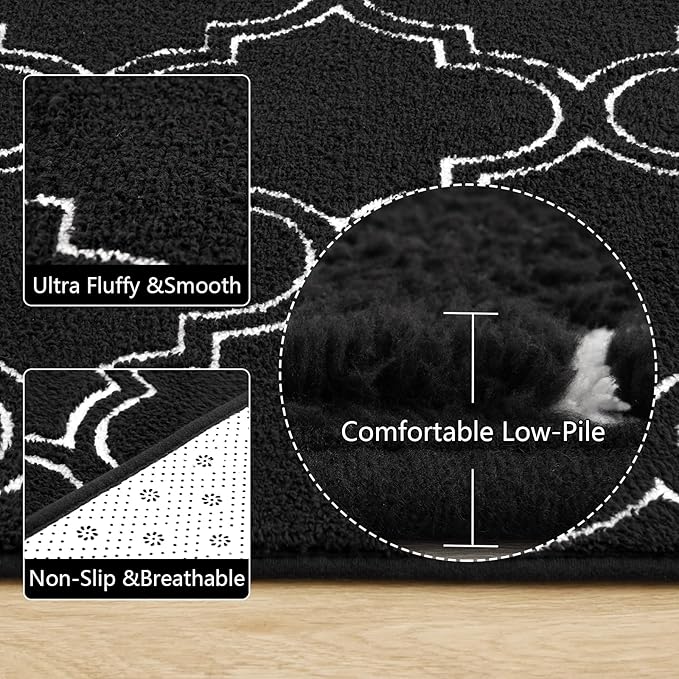 Amearea Fluffy Indoor Trellis Rug, Soft Moroccan Home Rugs for Bedroom, Shag Modern Area Rug for Living Room Kids Room Nursery, Easy Clean, Home Decor Low Pile Carpet, Black 4x6 Feet