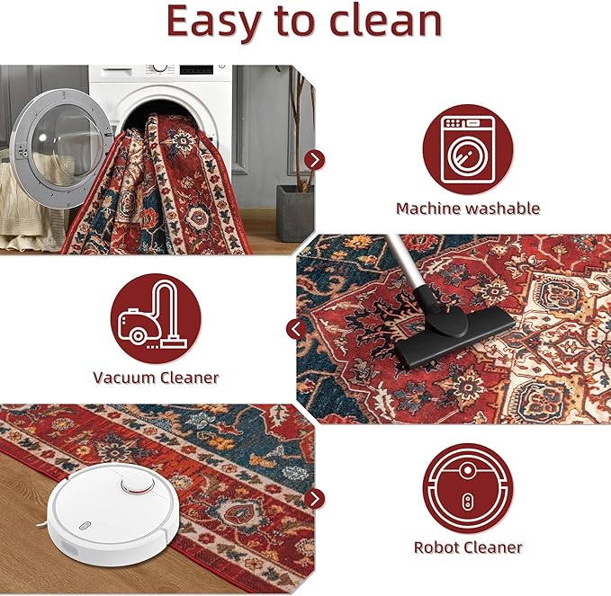 YJ.GWL Area Rugs for Living Room 5x7 Machine Washable Rugs, Non Slip Floral Vintage Rug Indoor Carpet, Stain Resistant Large Rug for Bedroom Dining Room, Orange-Red