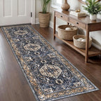 KOZYFLY Runners for Hallways 2x8 Ft Washable Kitchen Runner Rug Boho Runner Rug for Entryway Indoor Gold Navy Printed Oriental Faux Wool Floor Carpet Runner for Bedroom Kitchen Hall