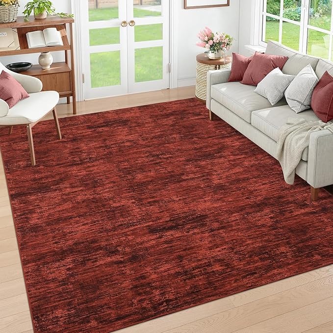 RUGSREAL Area Rug 5x7 Machine Washable Area Rug for Living Room Non-Slip Stain Resistant Modern Abstract Bedroom Rug Contemporary Solid Throw Rug Foldable Accent Floor Carpet for Dining Room, Red