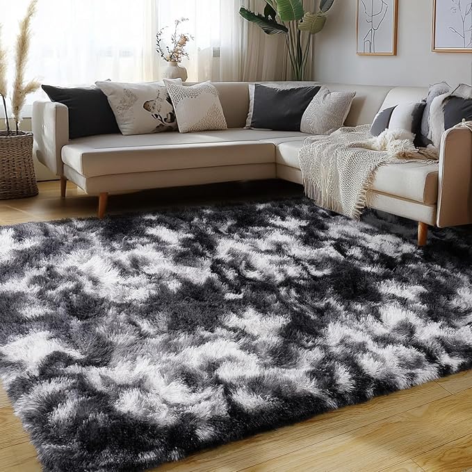 Plush Rugs for Living Room Shaggy Soft Area Rug High Pile Fuzzy Rug Non-Slip Indoor Floor Carpet Plush Area Rugs for Living Room Tie Dye Black White 9x12