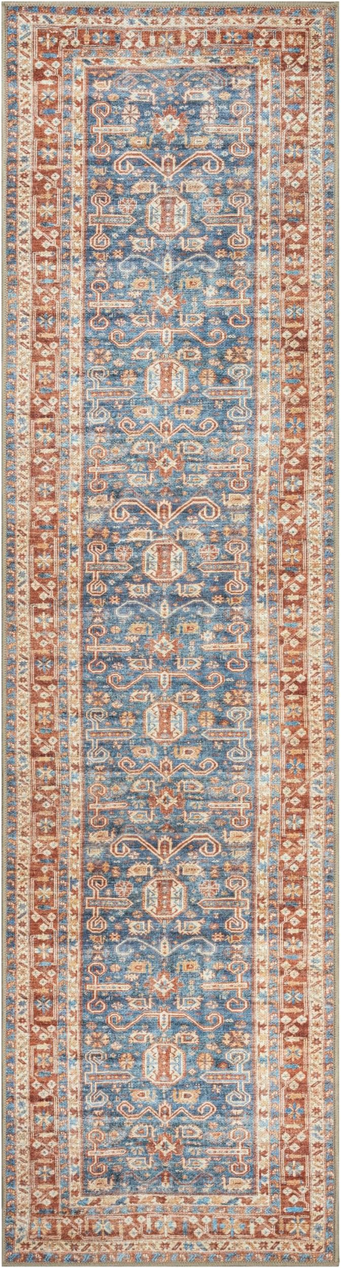 GLN Rugs Traditional Collection - Machine Washable Area Rug, Traditional Washable, Non Slip, Low Pile Chenille Rug, Living Room, Bedroom, Kitchen Rug (2'6" x 10' Terra/Slate Blue)