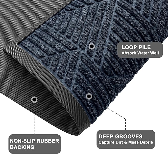 Kitinjoy Front Door Mat Outside Entrance, Sturdy Natural Dirt Trapper, Heavy Duty Rubber Doormat, Low Profile Non-Slip Backing, Easy Clean Floor Mat for Indoor Outdoor Entry, 47X32 Inch, Navy Blue