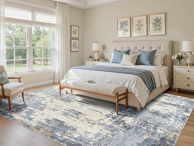 7x9 Area Rug Living Room Rugs - Washable Neutral Modern Abstract Soft Thin Rug Indoor Floor No Slip Rug Carpet for Bedroom Under Dining Table Home Office Decor - Blue/Light Brown