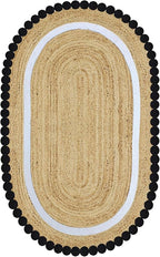 Oval Jute Runner 2.6x4 Flatweave Kilim Runner Hand Braided Jute Thick 0.27" Solid Pattern Black Beige Natural Oval Handmade Boho Indoor Outdoor Rugs for Kitchen Enterway