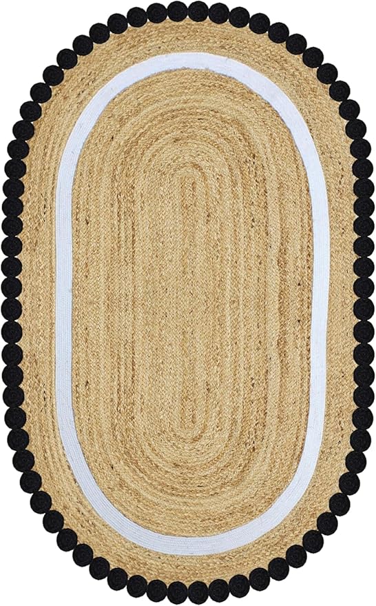 Oval Jute Runner 3x10 Flatweave Kilim Runner Hand Braided Jute Thick 0.27" Solid Pattern Black Beige Natural Oval Handmade Boho Indoor Outdoor Rugs for Hallway Enterway Stair Corridor