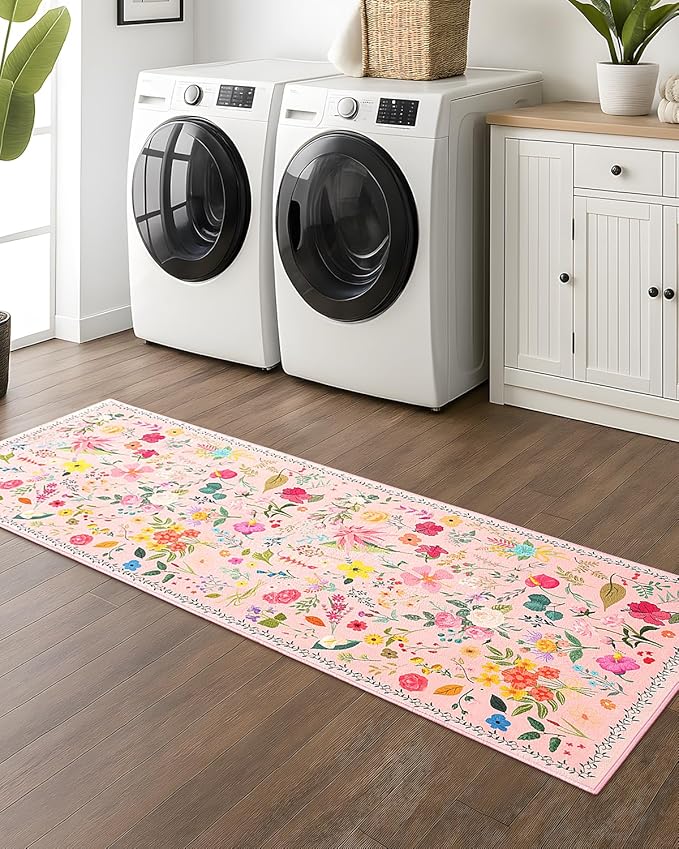 Boho Floral Runner Rug 2x6, Washable Non-Slip Kitchen Rug, Ultra Soft Vintage Carpet for Hallways, Kitchen, Bedroom, Bathroom (Pink)