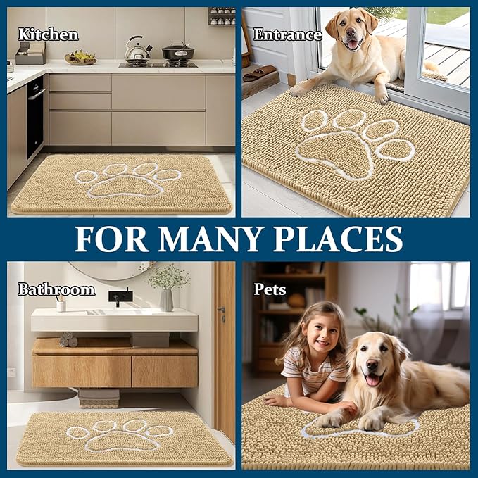 OLANLY Dog Door Mat for Muddy Paws 36x24, Paw Print Design, Absorbs Moisture and Dirt, Absorbent Non-Slip Washable Doormat, Quick Dry Chenille Mud Mat for Dogs, Entry Indoor Entryway Carpet, Beige