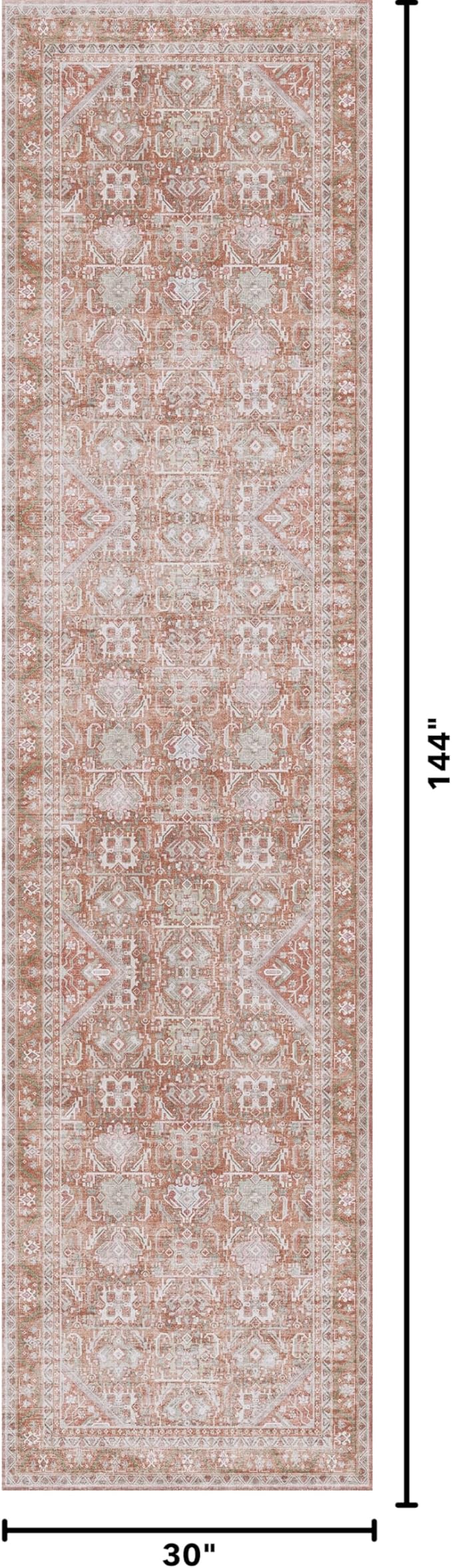 Kuden 2'6"x12 Runner Rug, Machine Washable Area Rug with Non-Slip Backing, Vintage Style, Soft, Easy Clean, Low Pile Rug for Hallway, Entryway, Kitchen, Bedroom
