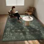 Large 8x10 Washable Area Rug for Living Room, Non Slip Vintage Traditional Rugs for Bedroom, Indoor Thin Accent Floral Nursery Carpet for Dining Room, Farmhouse (Distressed Green)