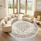 Round Rug Living Room Rugs: 7x7 Washable Boho Neutral Large Circle Soft Indoor Floral Stain Resistant Floor Farmhouse Carpet for Bedroom Nursery Kids Playroom Office Dining Room Dorm Home- Beige Brown