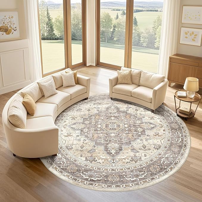 Round Rug Living Room Rugs: 7x7 Washable Boho Neutral Large Circle Soft Indoor Floral Stain Resistant Floor Farmhouse Carpet for Bedroom Nursery Kids Playroom Office Dining Room Dorm Home- Beige Brown