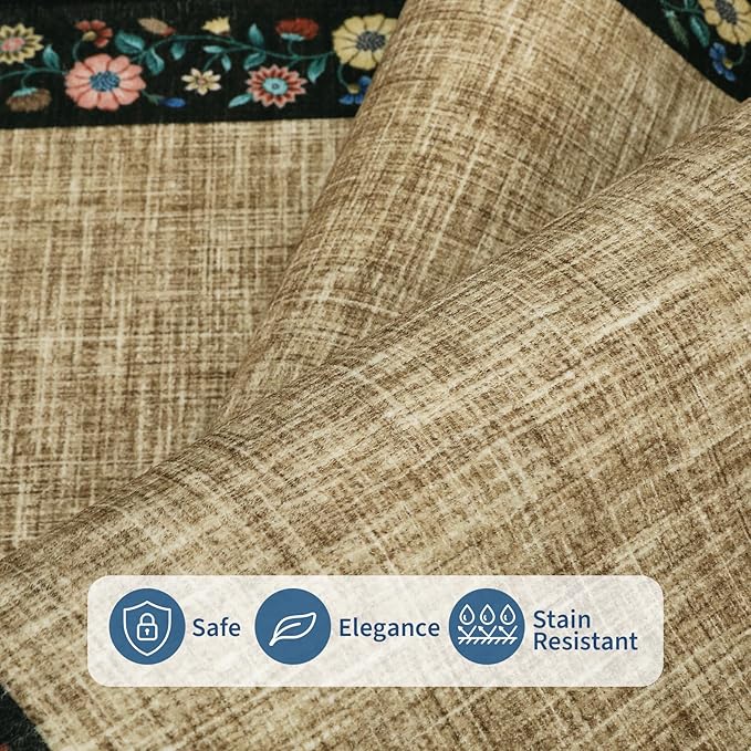 GarveeHome Washable Area Rugs for Bedroom 5x7 Living Room Modern Floral Throw Rugs Non-Slip Lightweight Thin Carpet Modern Farmhouse Print Non-Shedding Soft Low Pile Floor Cover, Yellow