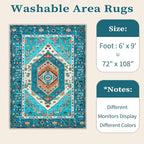 SERISSA 6x9 Area Rugs for Living Room, Large Washable Non-Slip Boho Rug, Ultra Soft Vintage Blue Oriental Tribal Print Distressed Carpet for Dining Room Bedroom Dorm Office Home Decor