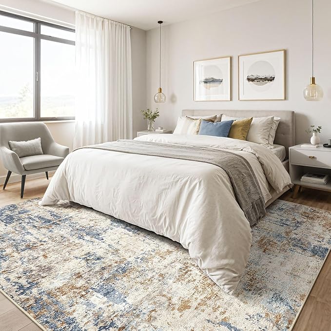 10x14 Area Rugs Living Room: Washable Large Abstract Modern Soft Rug Stain Resistant Indoor Floor Non Slip Accent Carpet for Bedroom Nursery Playroom Office Dining Room Dorm Home House- Blue