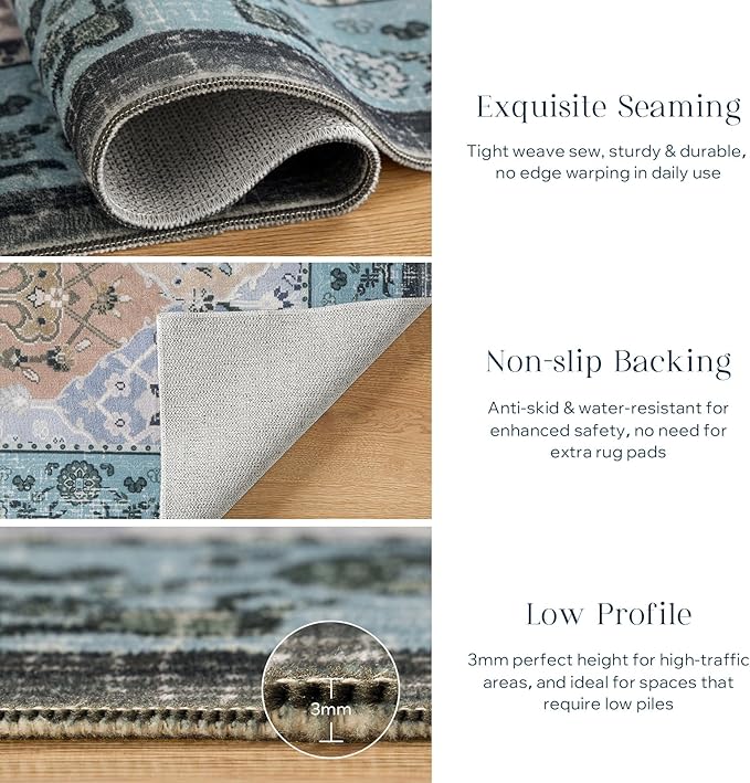 Phantoscope Washable Area Rug 5'x7' Non-Slip, Vintage Boho Rugs for Living Room, Bedroom, Dining Room, Distressed Moroccan Mosaic Diamond Pattern, Low-Pile Foldable Floor Carpet, Blue Teal/Neutral