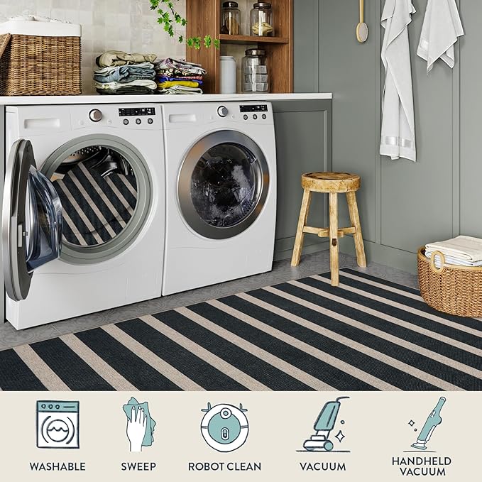 Lahome Striped Easy Jute Kitchen Runner, 2x6 Washable Rug Runners for Hallways Non Slip Entryway Rug, Farmhouse Neutral Indoor Outdoor Black Carpet for Laundry Room Front Porch