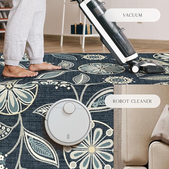 Maples Rugs Reggie Floral Area Rug - Made in USA - Washable, Non Slip, Pet-Friendly Mats for Living Room, Bedroom, and Office, 3'4 x 5, Persian Blue