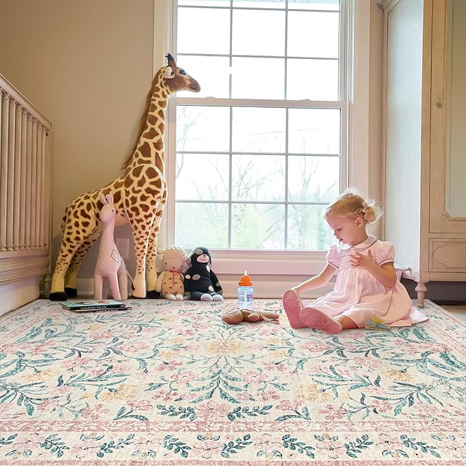 Morebes Floral Washable Light Pink Rug, Boho Machine Washable Area Rugs 8x10 for Nursery Girls Bedroom Non Slip, Soft Vintage Distressed Carpet for Living Room Dorm Home Office Decor
