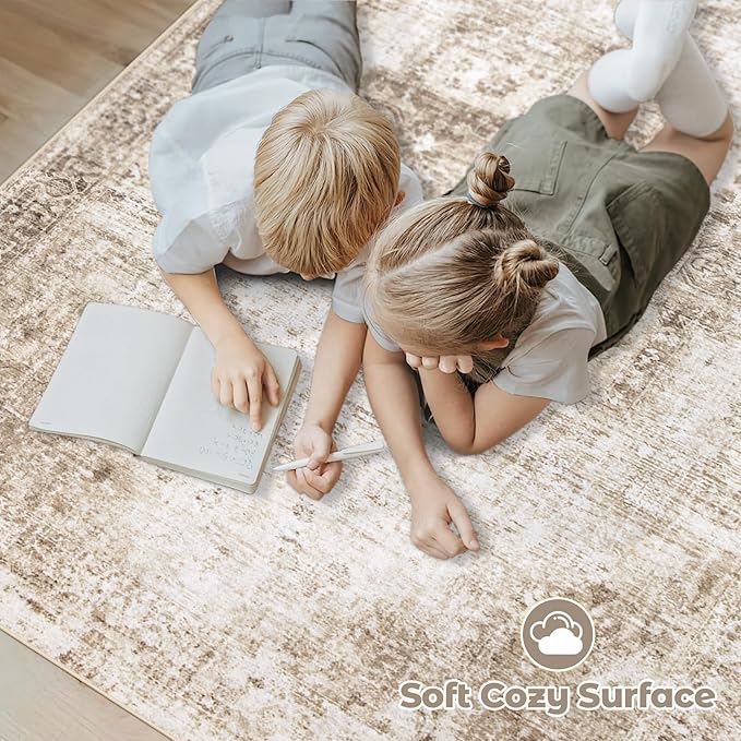 Area Rug 9x12 Washable Rug, Vintage Boho Medallion Rugs Non-Slip Soft Low Pile Large Distressed Rug Indoor Retro Carpet for Living Room Bedroom Dining Room Home Office (Brown, 9'x12')