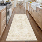 2x6 Hallway Washable Runner Rug Vintage Non-Slip Soft Kitchen Mat Boho Medallion Distressed Farmhouse Carpet Floral Low Pile Indoor Throw Rug for Entryway Bathroom Living Room Bedroom, Beige