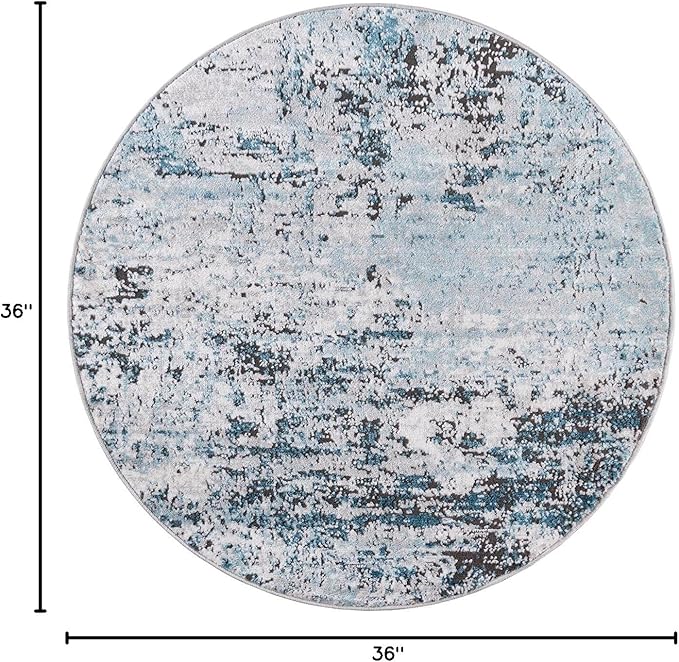 Rugs.com Leipzig Collection Round Rug – 3 Ft Round Blue Low-Pile Rug Perfect for Kitchens, Dining Rooms