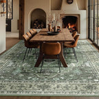 Area Rugs Square 10ft Washable Non-Slip, Floral Vintage Distress Print Pattern Medallion Carpet for Living Room Bedroom Dining Room, Dark Green Gray