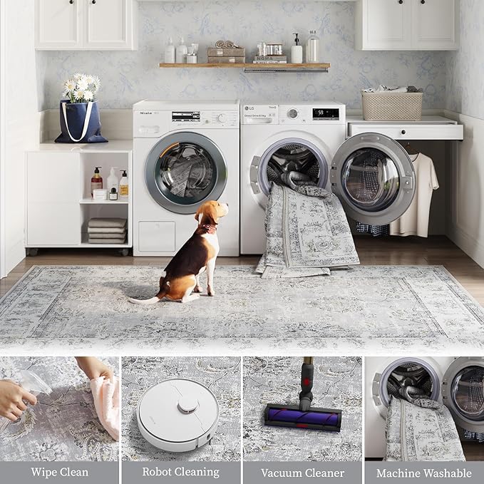 jinchan Fiora Runner Rug 2x5 Machine Washable Hallway Rug Grey Vintage Floral Print Non-Slip Low Pile Ultra-Thin for Kitchen, Entryway, Laundry Room, Bedroom, Farmhouse (2‘x5’, Grey)
