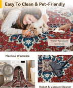 Area Rugs 9'x12' Washable Non-Slip, Floral Vintage Distress Print Pattern Medallion Carpet for Living Room Bedroom Dining Room, Red Blue