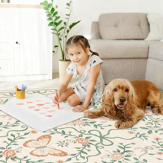 GarveeHome 2x3 Floral Area Rug Non Slip Entryway Mat Low Pile Stain Resistant Butterfly Kitchen Rugs Soft Small Throw Carpet for Dining Room Bedroom Washable Bow Rugs for Living Room Bathroom, 2x3