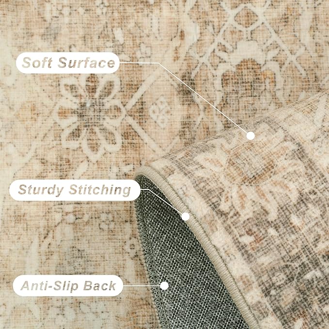 9x12 Washable Area Rug Beige Vintage Rug for Living Room Bedroom Low Pile Soft Non-Slip Boho Rug for Under Table Boho Distressed Retro Carpet for Bedroom Kitchen Office Dining