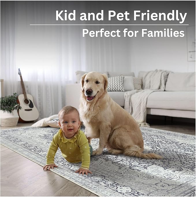 Bloom Rugs Washable Non-Slip 3' x 5' Rug - Charcoal Blue Traditional Medallion Area Rug for Living Room, Bedroom, Dining Room, and Kitchen - Exact Size: 3' x 5'