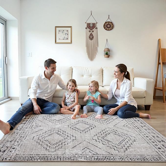 ILANGO Area Rugs 5x7, Moroccan Grey Rugs for Living Room Machine Washable Area Rugs Dedroom with Rubber Backing Non Slip Carpet for Farmhouse Dining Room, Ultra-Thin, Foldable, Easy Clean