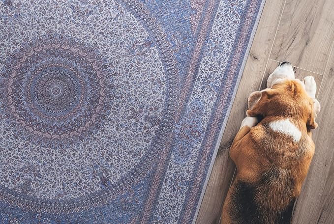 GLN Rugs Traditional Collection - Machine Washable Area Rug, Traditional Washable, Non Slip, Low Pile Chenille Rug, Living Room, Bedroom, Kitchen Rug (2'6" x 7' Navy/Off White)