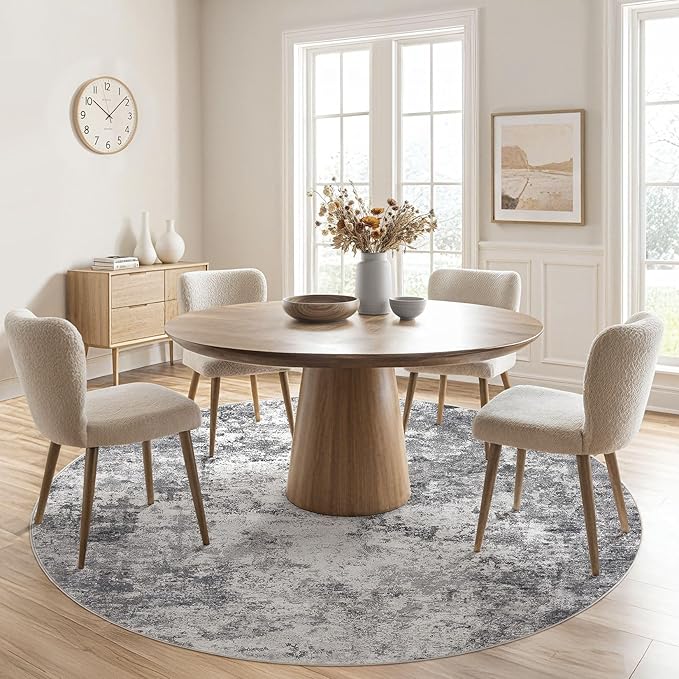 6ft Round Area Rug Living Room Rugs - 6x6 Washable Neutral Modern Abstract Soft Thin Rug Indoor Floor No Slip Rug Carpet for Bedroom Under Dining Table Home Office Decor - Grey