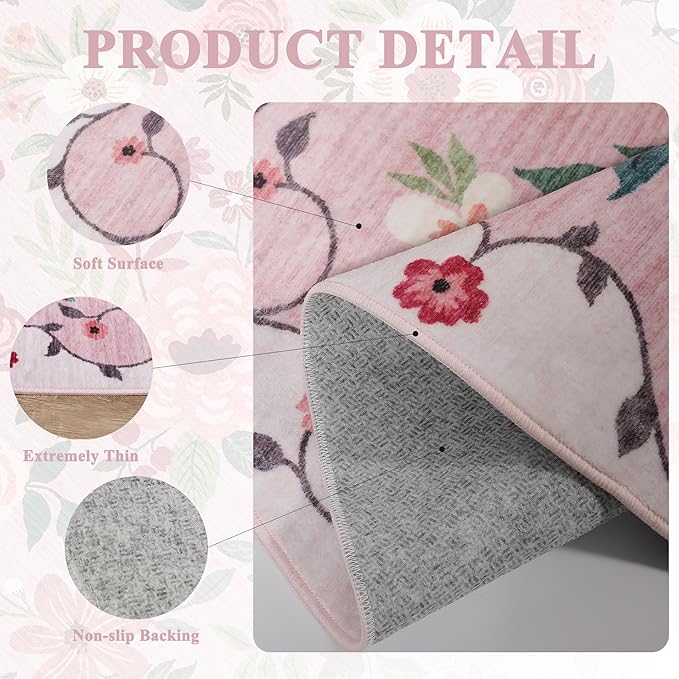 DUKINO 5x7 Area Rug, Nursery Floral Rugs for Living Room, Lightweight Non Slip Washable Rug, Indoor Low Pile & Non-Shedding Boho Design Rugs for Girls Bedroom, Kids Playroom, Dining Room, Pink
