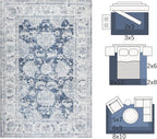 jinchan Fiora Washable Area Rug 8x10 for Living Room Soft Faux Wool Ultra-Thin Stain Resistant Non-Slip Distressed Vintage Floral Large Carpet for Bedroom, Home Office, Nursery(Dark Blue, 8'x10')