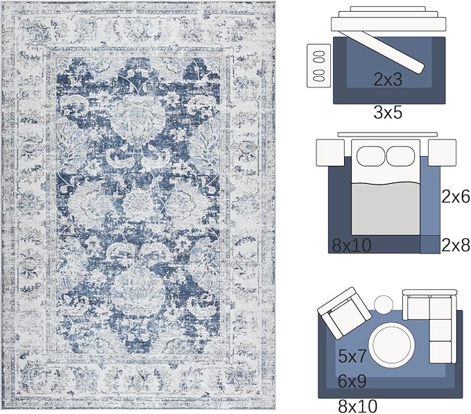 jinchan Fiora 6x9 Area Rug for Living Room Washable Soft Throw Rug Ultra-Thin Stain Resistant Non-Slip Distressed Vintage Floral Large Carpet for Bedroom, Home Office, Nursery(6x9ft, Dark Blue)