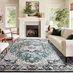 Washable Area Rugs 3x5 , Low Pile Super Soft Carpet, Vitnage Distressed Rug for Bedroom, Living Room, Dining Room, Non-Slip, Low Pile, Green