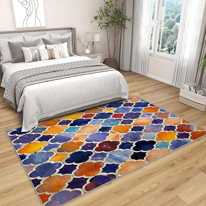 Moroccan Rugs for Living Room - 7x10 ft, Moroccan Trellis Rug, Colorful Geometric Area Rugs for Living Room Bedroom, Oriental Tile Washable Rug Non-Slip Carpet, Traditional Patchwork Home Decor