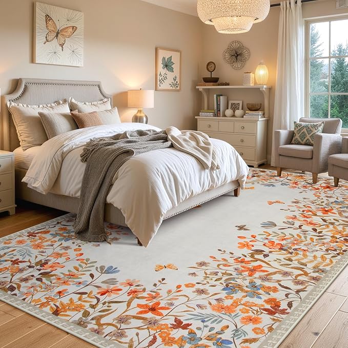 Wonnitar Fall Washable 8x10 Rug for Living Room, Soft Halloween Rug Floral Area Rug for Bedroom, Non Slip Dining Room Botanical Floor Carpet for Kids Nursery Playroom Guest Room (Orange,8'x10')
