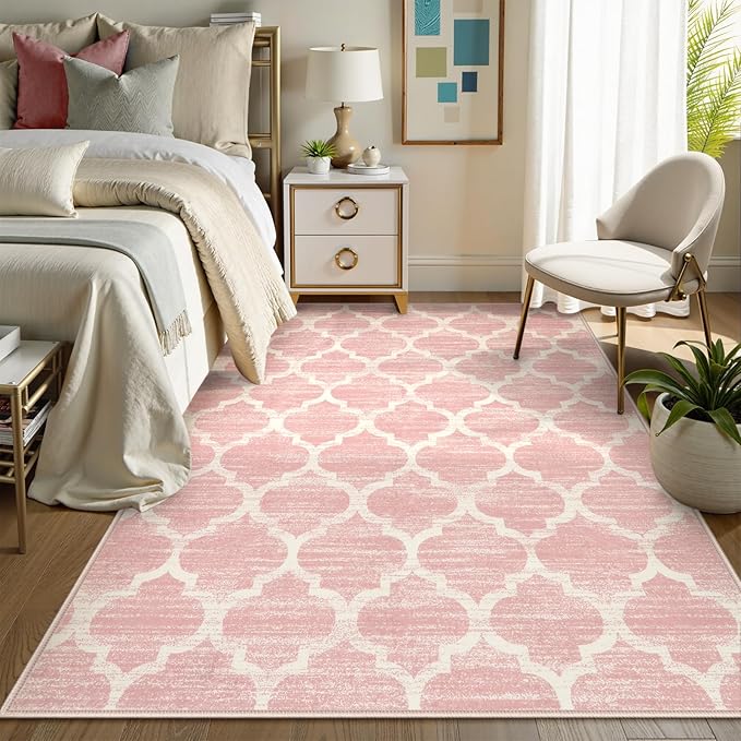 Lahome Nursery Rug 5x7 Area Rugs for Living Room,Washable Pink Rugs for Bedroom Girls,Soft Low-Pile Indoor Floor Boho Carpet for Kids Playroom Dorm