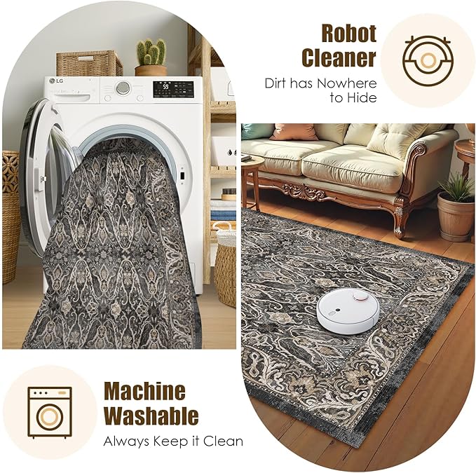 Washable Area Rug 6' x 9' Vintage Traditional Persian Mat - Foldable Distressed Non-Slip Machine Washable Carpet for Living Room Bedroom Kitchen Home Decor - Ebony and Taupe