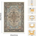 2x3 Machine Washable Area Rug for Entryway, Blue Beige Boho Vintage Floral Rug Non-Slip Low Pile Soft Faux Wool Small Carpet, Kids and Pets Friendly for Bedroom Kitchen Hallway Bedside Home Decor Rug