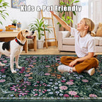 Area Rugs 9x12 Living Room: Floral Washable Rug Vintage Large Soft Boho Non-Slip Carpet Indoor Floor Stain Resistant Low Pile Carpets for Bedroom Dining Room Farmhouse Nursery Home Office Dark Green